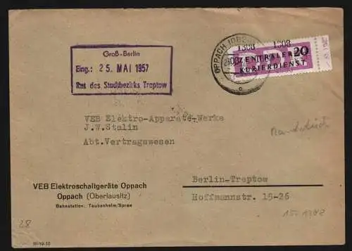 B13274 DDR Dienst ZKD 15 1308 Brief 1957 VEB Elektroschaltgeräte Oppach ESGO