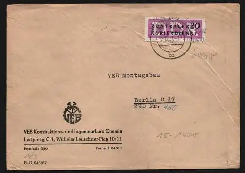 B13303 DDR Dienst ZKD 15 1400 Brief 1957 Leipzig VEB Konstruktions- ... Chemie