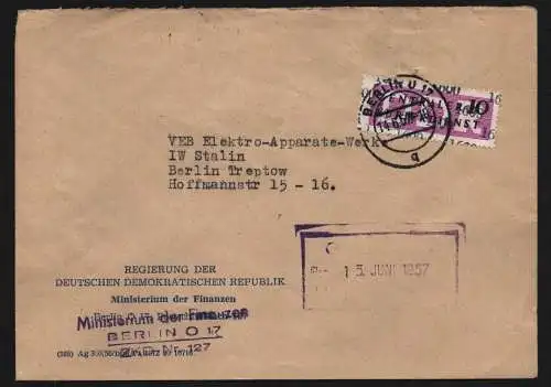 B13330 DDR ZKD 14 1600 Brief 1957 Berlin Regierung Ministerium für Finanzen
