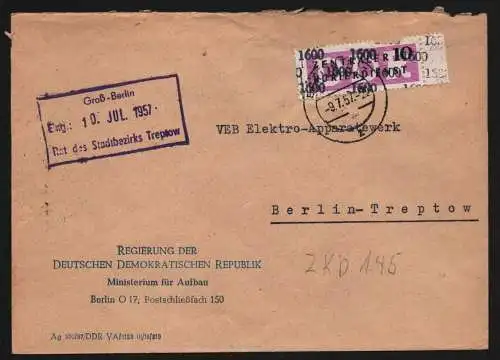 B13328 DDR ZKD 14 1600 Brief 1957 Berlin Regierung Ministerium für Aufbau