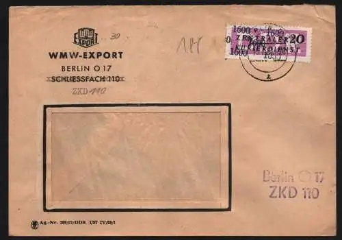 B13347 DDR Dienst ZKD 15 1600 Brief 1957  Berlin WMW Export Schliessfach 110