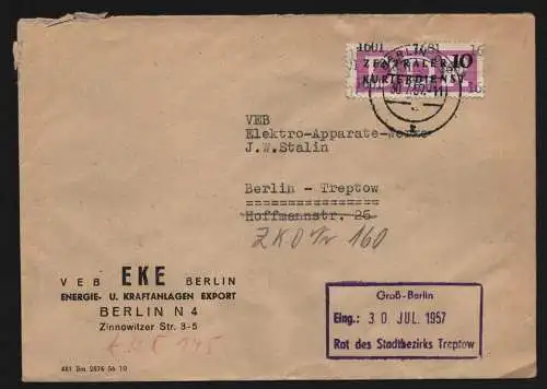 B13371 DDR Dienst ZKD 14 1601 Brief 1957 Berlin VEB EKE Energie- u. Kraftanlagen
