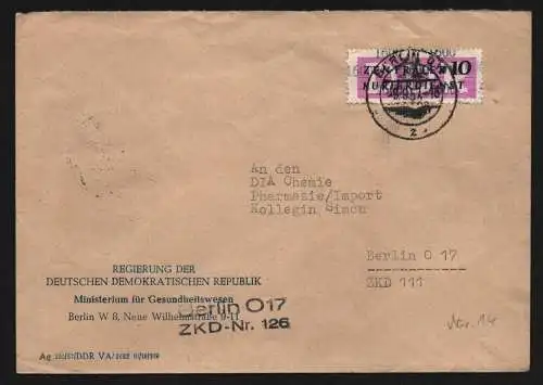 B13335 DDR ZKD 14 1600 Brief 1957 Berlin Regierung Ministerium Gesundheitswesen