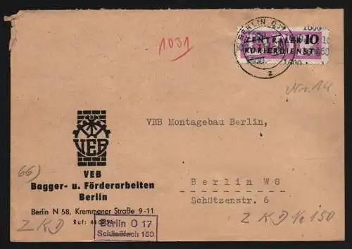 B13344 DDR Dienst ZKD 14 1600 Brief 1957 Berlin VEB Bagger- u. Förderarbeiten