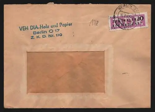 B13356 DDR ZKD 15 1600 Brief 1957 Berlin VEH DIA Holz und Papier ZKD Nr. 110