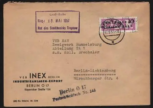 B13376 DDR Dienst ZKD 14 1601 Brief 1957 VEB Inex Berlin Industrieanlagen Export