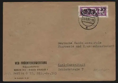 B13379 DDR Dienst ZKD 11 1601 Brief 1957 Berlin VEB Früchteverwertung Süßmostkel