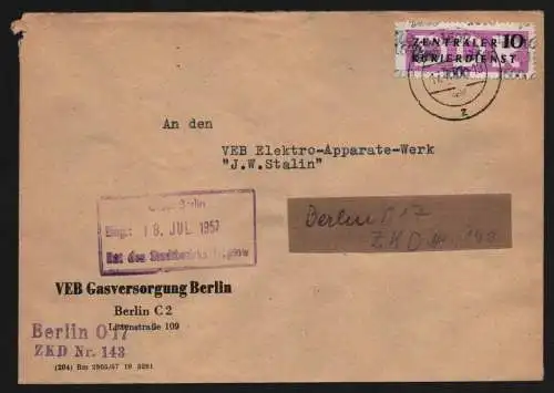 B13349 DDR Dienst ZKD 14 1600 Brief 1957 Berlin VEB Gasversorgung ZKD 143
