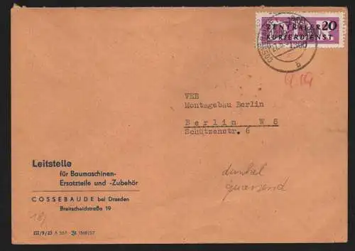 B13230 DDR Dienst ZKD 15 1300 Brief 1957 Leitstelle für Baumaschinen Cossebaude