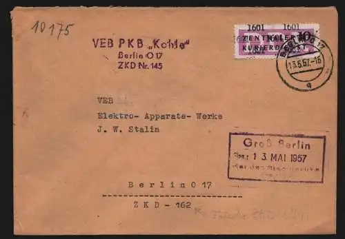 B13374 DDR Dienst ZKD 14 1601 Brief 1957 Berlin VEB PKB Kohle ZKD 145
