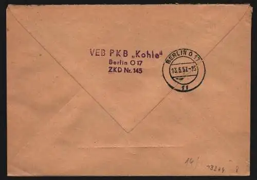 B13374 DDR Dienst ZKD 14 1601 Brief 1957 Berlin VEB PKB Kohle ZKD 145