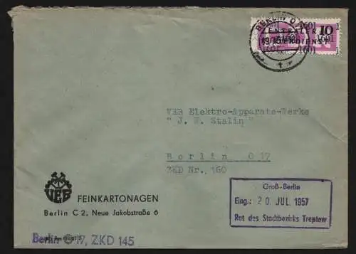 B13368 DDR Dienst ZKD 14 1601 Brief 1957 Berlin VEB Feinkartonagen Postfach 145