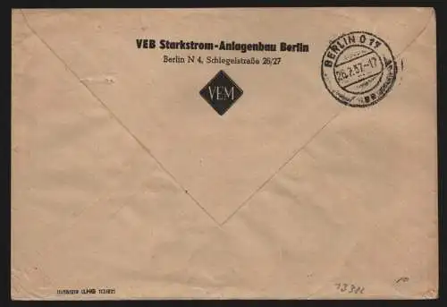 B13382 DDR Dienst ZKD 2x 14 1601 Brief 1957 Berlin VEB Starkstrom Anlagenbau