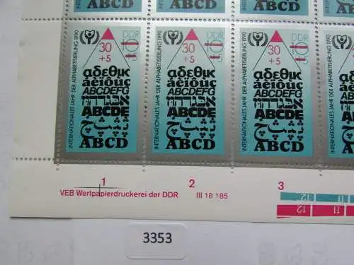 DDR 1990 3353 Bogen postfrisch **  DV Jahr der Alphabetisierung m Plattenfehler