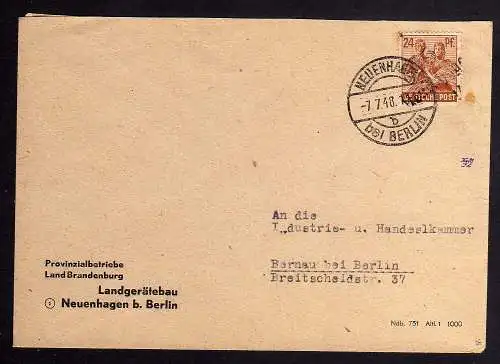 h2275 Währungsreform Handstempel Brief Bezirk 36 Neuenhagen bei Berlin 7.7.48