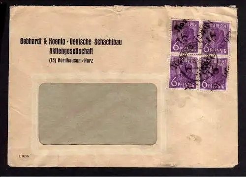 h1969 Handstempel Bezirk 16 Nordhausen Brief 4x6 Pfg. 29.6.48 Deutsche Schachtba