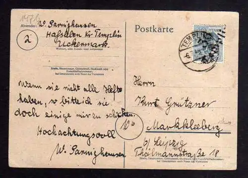 h279 Postkarte Handstempel Bezirk 36 Templin 6.7.48 Zeitungsbestellung