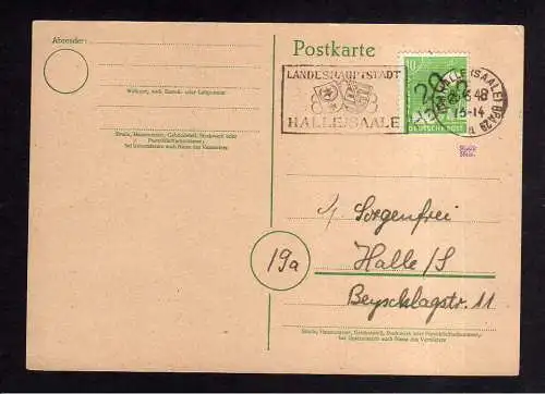 h1840 Handstempel Bezirk 20 Halle 2 25.6.48 Postkarte gepr. ohne Text