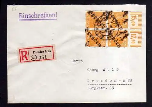 h1152 Brief Handstempel Bezirk 14 Dresden 24 2x 25 Pfg. Viererblock Oberrand 1.7