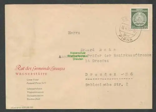 B5308 DDR Dienst 22 Brief Graupa 1958 Wagnerstätte an Handstempel Prüfer Rehn