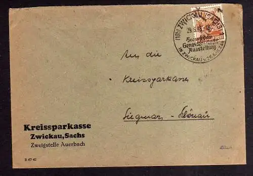 h1323 Brief Handstempel Bezirk 41 Zwickau 29.6.48 Kreissparkasse Zweigstelle Aue