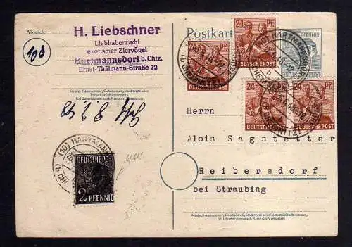 h1248 Karte Handstempel Bezirk 27 Hartmannsdorf 2 Pfg. + zehnfach 26.6.48