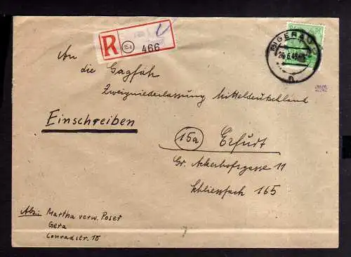 h1627 Handstempel Bezirk 16 Gera 84 Pfg nach Erfurt Einschreiben 26.6.48 gepr. D