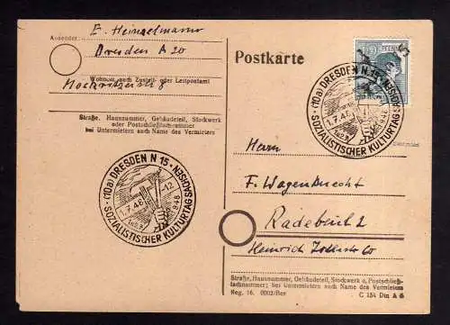 h1137 Postkarte Handstempel Bezirk 14 Dresden 15 1.7.48 SST Sozialistischer Kult