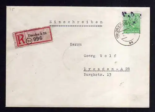 h1151 Brief Handstempel Bezirk 14 Dresden 24 violett 84 Pfg 30.6.48 Einschreiben