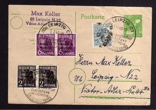 h1088 Postkarte Handstempel Bezirk 27 Leipzig 7.7.48 Pädagogischer Kongress