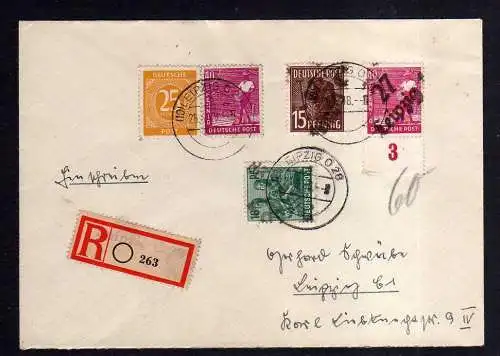 h1093 Brief Handstempel Bezirk 27 Leipzig Einschreiben 26.6.48 15, 16, 40 Pfg +