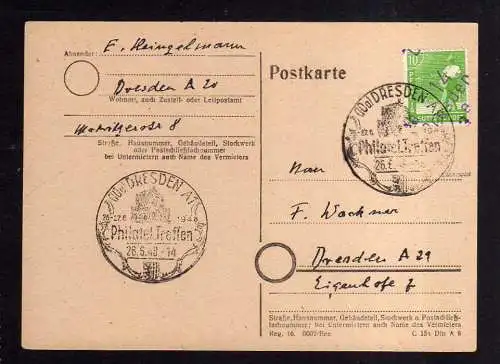 h1159 Postkarte Handstempel Bezirk 14 Dresden 26.6.48 SST Philatelisten Treffen