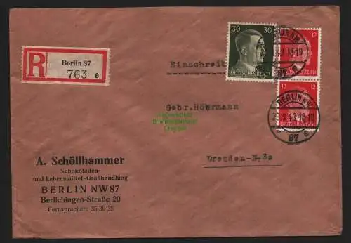 B9135 R-Brief Gebr. Hörmann A.-G. Berlin 87 e 1943 A. Schöllhammer  Schokoladen-