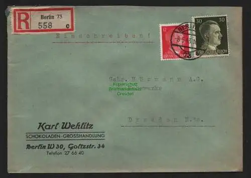 B9132 R-Brief Gebr. Hörmann A.-G. Berlin 73 c 1943 Karl Wehlitz Schokoladen Groß