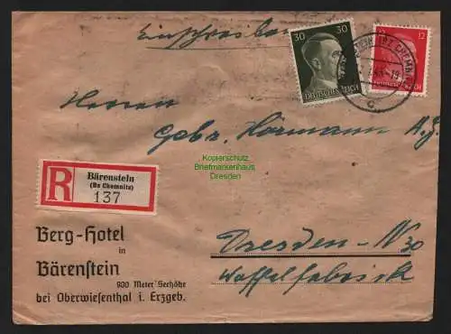 B9033 R-Brief Gebr. Hörmann A.-G. Bärenstein (Bz Chemnitz) 1943  Berg - Hotel
