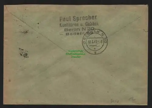 B9063 R-Brief Gebr. Hörmann A.-G. Berlin 20 b 1943 Paul Sprecher Konfitüren u.