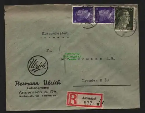 B9008 R-Brief Gebr. Hörmann A.-G. Andernach 1943 Hermann Ulrich  Lebensmittel