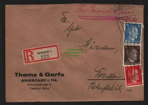 B9014 R-Brief Gebr. Hörmann A.-G. Arnstadt 1943  Thams &Garfs