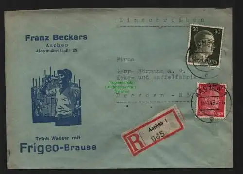 B9002 R-Brief Gebr. Hörmann A.-G. Aachen 1 1943 Franz Beckers Frigeo Brause