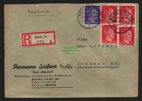 B9095 R-Brief Gebr. Hörmann A.-G. Berlin 36 a 1943 Hermann Seifert Schokoladen-