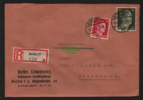 B9076 R-Brief Gebr. Hörmann A.-G. Berlin 27 a 1942 Gebr. Lewerenz Süßwaren-