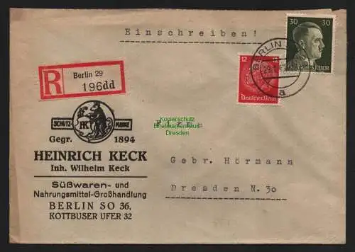 B9085 R-Brief Gebr. Hörmann A.-G. Berlin 29 dd 1943 Heinrich Keck  Süßwaren- und