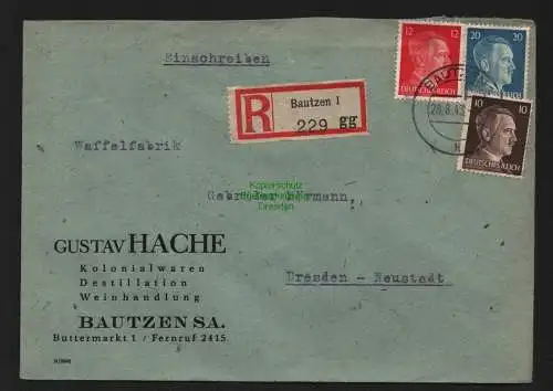 B9037 R-Brief Gebr. Hörmann A.-G. Bautzen 1 gg 1943 Gustav Hache  Kolonialwaren