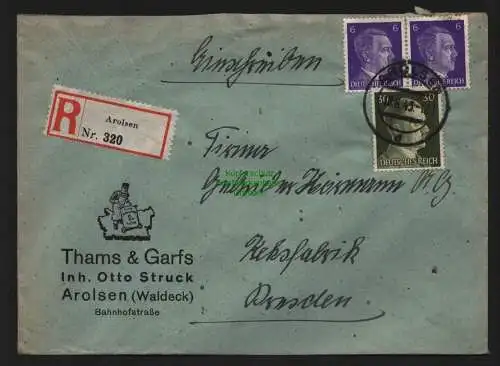 B9016 R-Brief Gebr. Hörmann A.-G. Arolsen 1943 Otto Struck Thams &Garfs