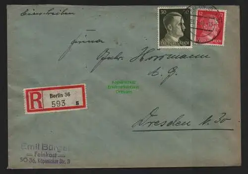 B9098 R-Brief Gebr. Hörmann A.-G. Berlin 36 s 1943 Emil Bürger Feinkost