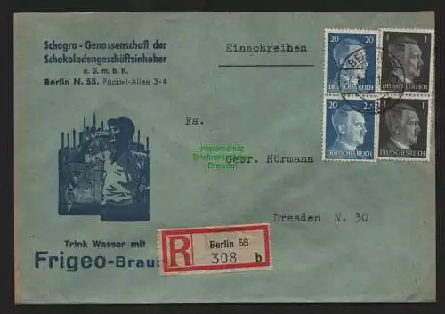 B9123 R-Brief Gebr. Hörmann A.-G. Berlin 58 b 1943  Frigeo Brause Schogro