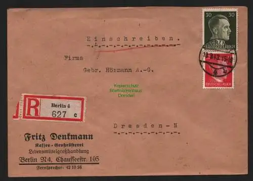 B9106 R-Brief Gebr. Hörmann A.-G. Berlin 4 c Fritz Denkmann Kaffee Großrösterei