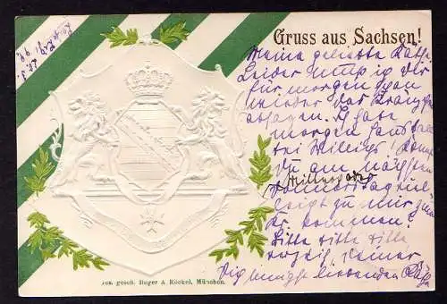 92426 AK Leipzig 1899 farblos geprägte Wappen Karte + grüne Streifen Sachsen