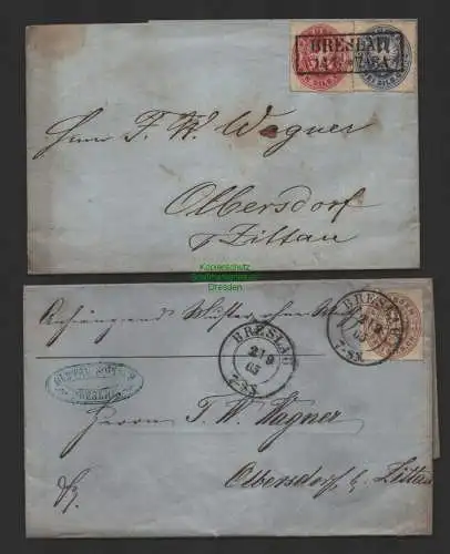 B14359 Preussen 16 17 18 2x Faltbrief Breslau 1865 1863 nach Olbersdorf b Zittau