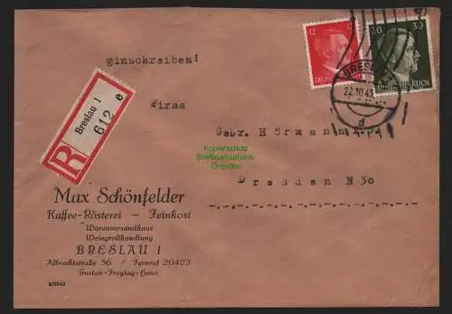 B9193 R-Brief Gebr. Hörmann A.-G Breslau 1e 1943 Max Schönfelder Kaffee Rösterei